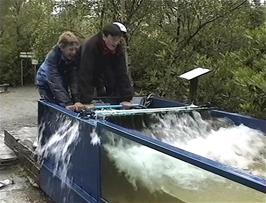 Ryan and Tao transmit wave energy to the other end of this very long tank at the Centre for Alternative Technology, Machynlleth